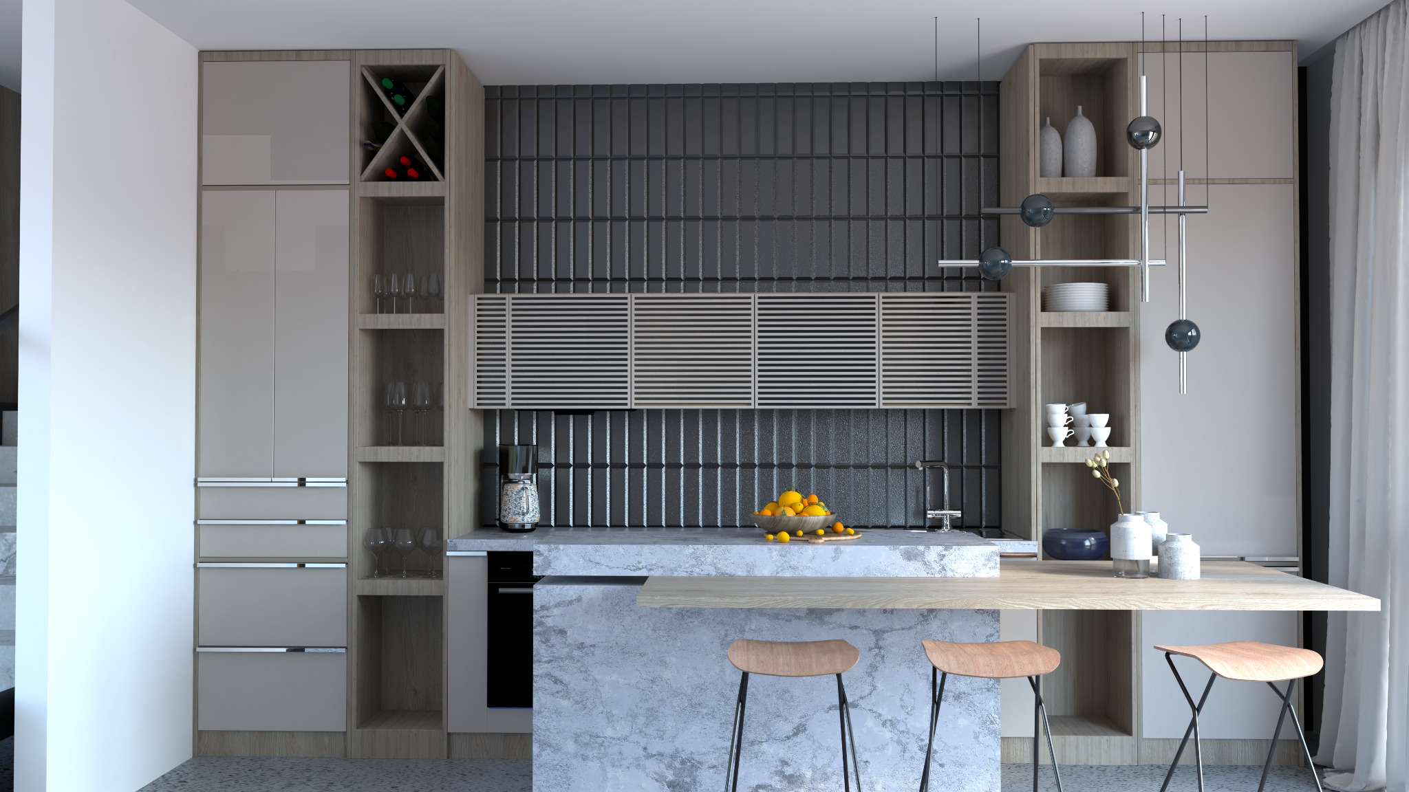 Nowoczesna kuchnia z szarymi, gładkimi frontami szafek, drewnianymi akcentami i marmurowym blatem, uzupełniona o minimalistyczne hokery i dekoracyjne oświetlenie.