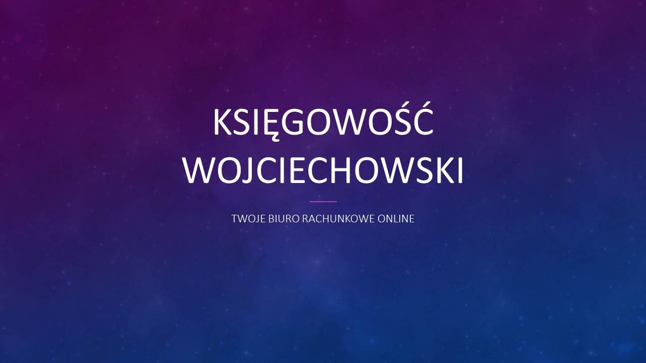 Napis 'Księgowość Wojciechowski' na gradientowym tle w odcieniach fioletu i granatu, z dopiskiem 'Twoje biuro rachunkowe online'