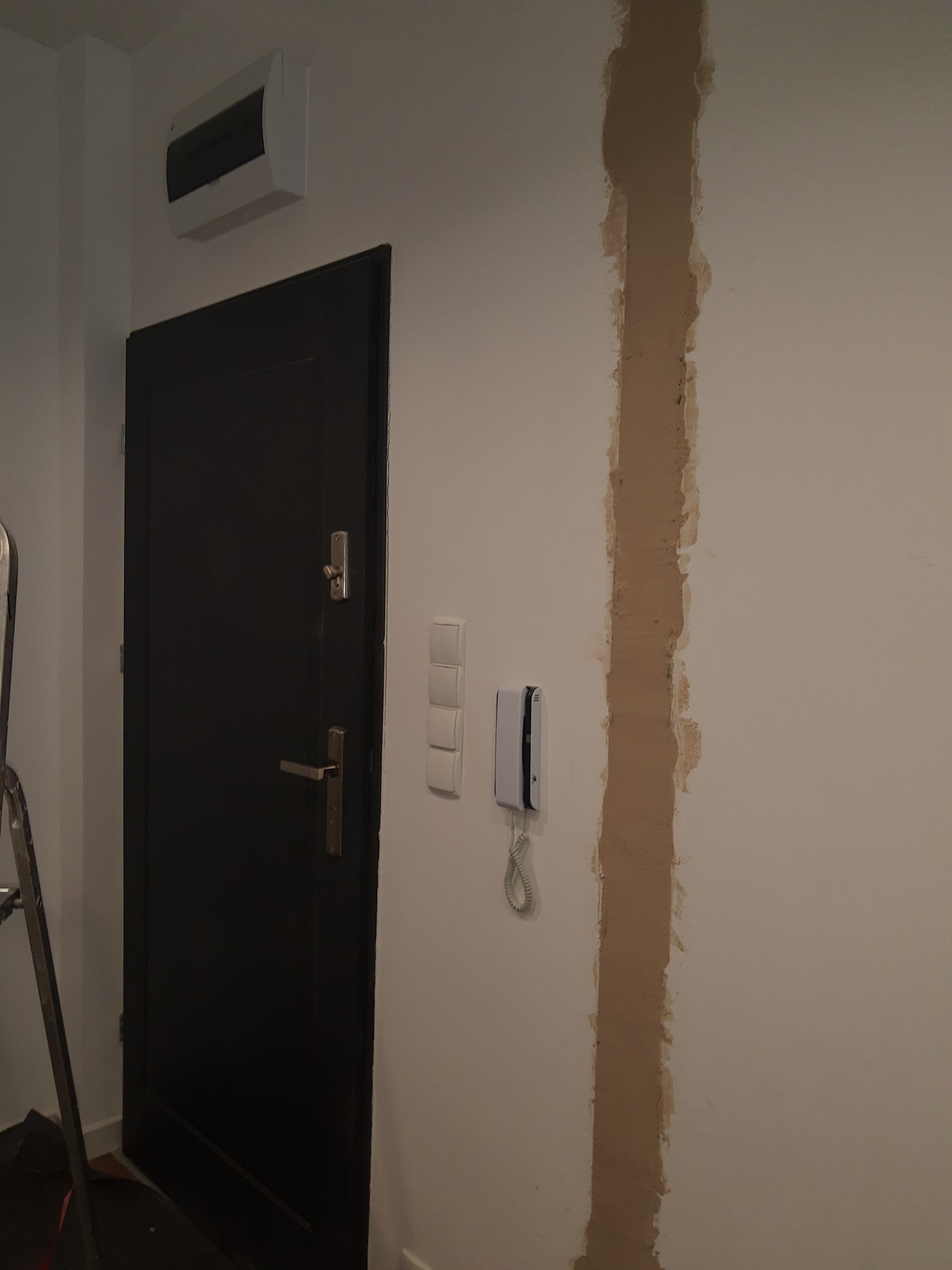Przygotowanie ściany pod malowanie: pionowy pas zagruntowanej ściany obok czarnych drzwi wejściowych i białego domofonu, widoczne ślady szpachlowania, drabina malarska w lewym rogu.