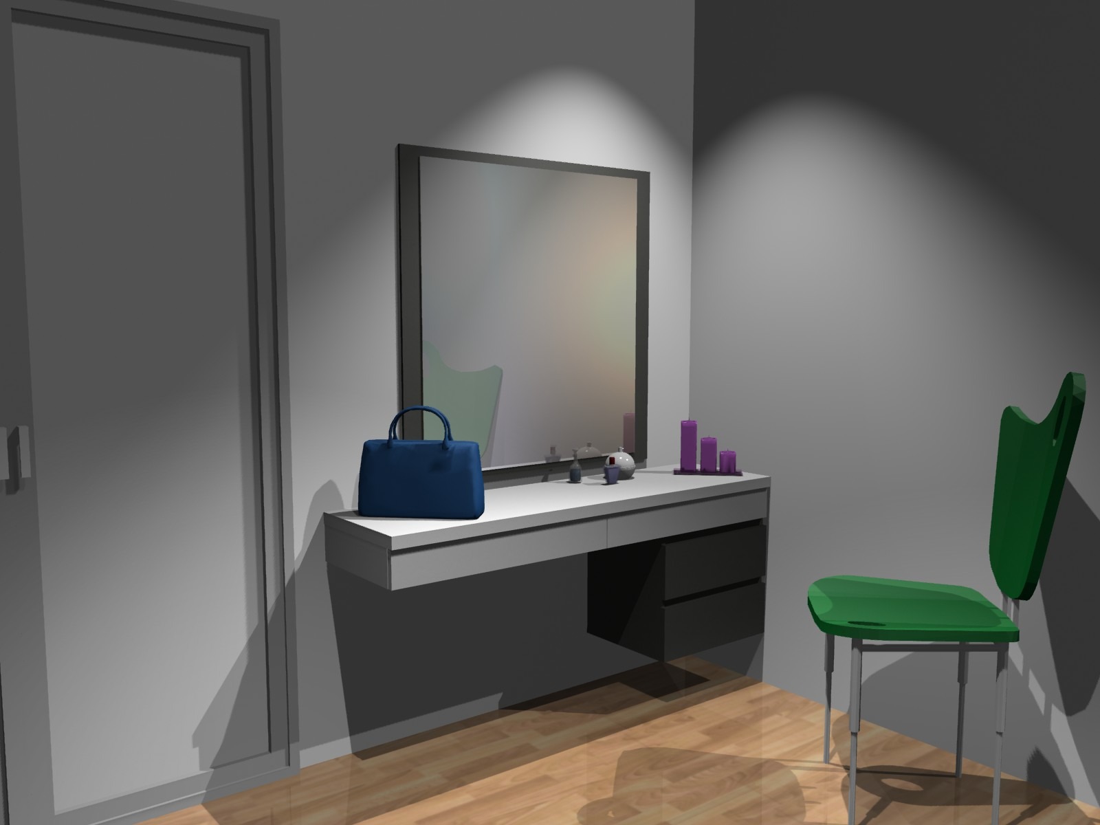 Toaletka z szufladami, lustrem i akcesoriami, z niebieską torebką i zielonym krzesłem obok.