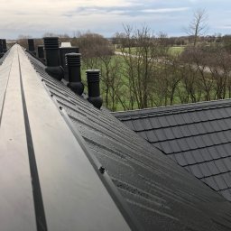 DAMDACH Damian Wilczynski - Nowy, czarny dach z blachy na tle pochmurnego nieba i zieleni, widoczne kominy wentylacyjne i krople wody na powierzchni.