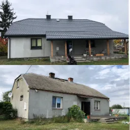 Porównanie domu przed i po remoncie dachu: szara blachodachówka na nowym dachu, szare ściany budynku, na dole stary dach z eternitu.