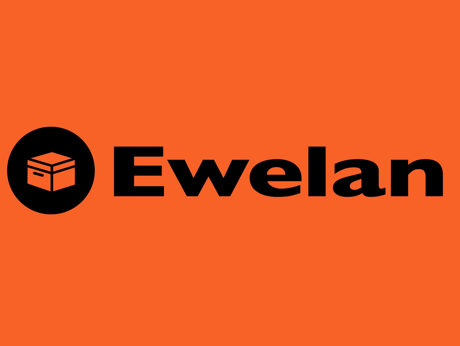 Logo firmy Ewelan z ikoną kartonu w czarnym kółku na pomarańczowym tle.