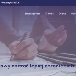 Strona internetowa firmy inshell.pl z widocznym logo, menu nawigacyjnym, danymi kontaktowymi oraz hasłem 'Czy jesteś gotowy zacząć lepiej chronić siebie i swój biznes?', a w tle dłonie...