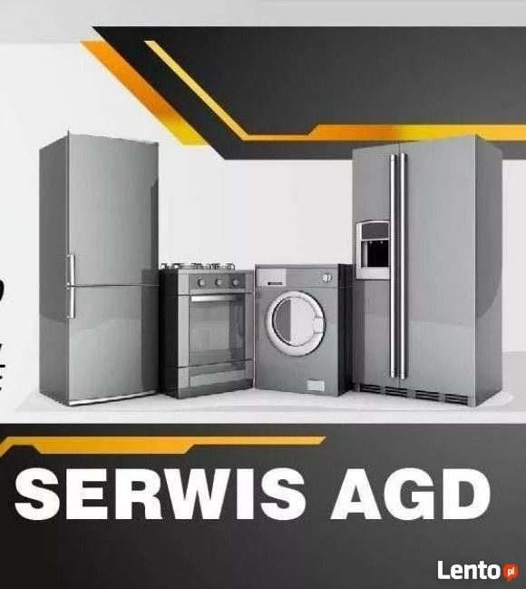 Szare sprzęty AGD: lodówka dwudrzwiowa, piekarnik z płytą grzewczą i pralka na białym tle z napisem Serwis AGD.