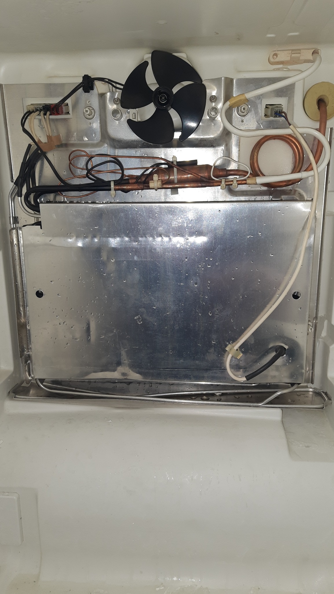 Wnętrze lodówki z widocznym panelem chłodzącym, wentylatorem i instalacją chłodniczą z miedzianymi rurkami, pokryte skroploną wodą.
