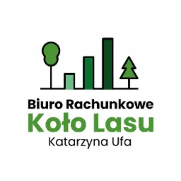 Logo biura rachunkowego 'Koło Lasu' Katarzyny Ufa, z grafiką przedstawiającą stylizowane drzewa i słupki wykresu w odcieniach zieleni.