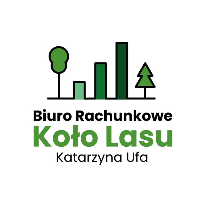Logo biura rachunkowego 'Koło Lasu' Katarzyny Ufa, z grafiką przedstawiającą stylizowane drzewa i słupki wykresu w odcieniach zieleni.