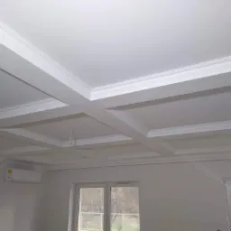 Kasetonowy sufit w jasnym pomieszczeniu z klimatyzacją, widoczne okno z widokiem na drzewa.