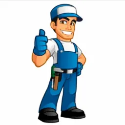 Uśmiechnięty, animowany mężczyzna w niebieskim kombinezonie i czapce, z narzędziami przy pasie, pokazuje kciuk w górę na białym tle.