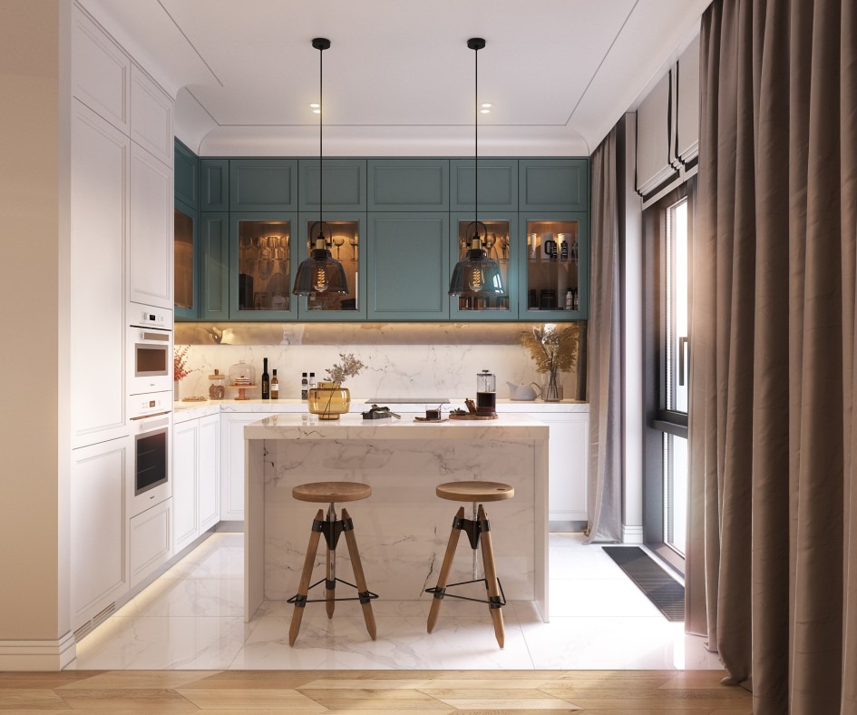 Nowoczesna kuchnia z wyspą wykończoną marmurem, drewnianymi stołkami barowymi i turkusowymi szafkami wiszącymi z przeszklonymi frontami.