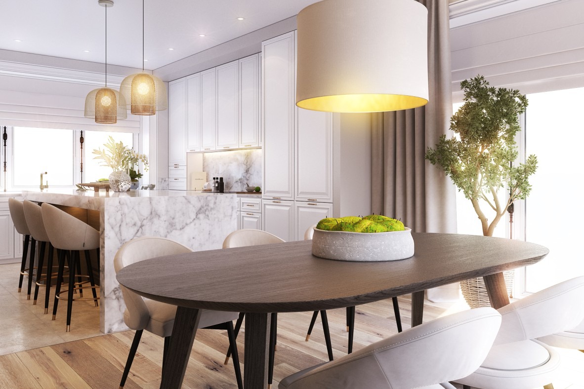 Jasne, przestronne wnętrze jadalni z drewnianym stołem, białymi krzesłami i dekoracyjną misą z mchem, widok na marmurową wyspę kuchenną i wiszące lampy z metalowej siatki.