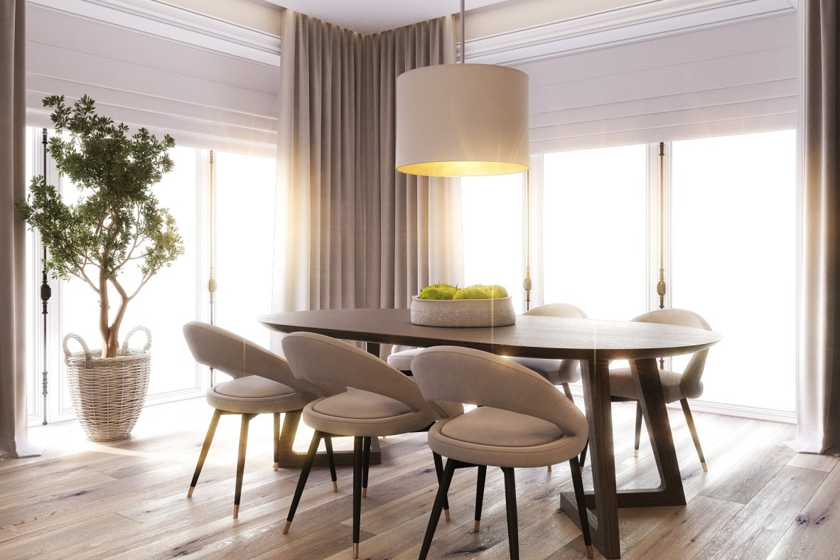Jasna jadalnia z owalnym stołem, krzesłami z weluru, lampą z abażurem, rośliną w wiklinowym koszu i drewnianą podłogą.