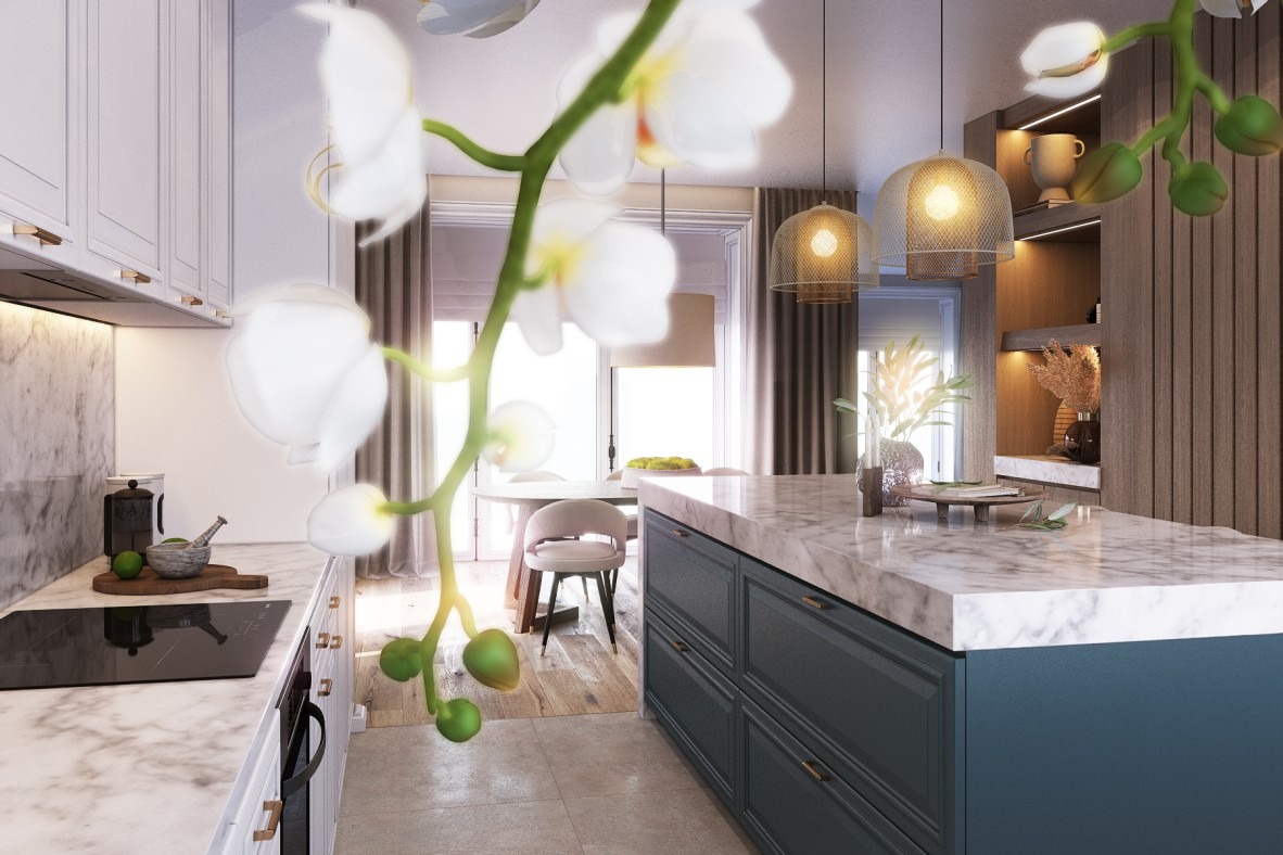 Nowoczesna kuchnia z wyspą o marmurowym blacie i ciemnych frontach, widok na okrągły stół jadalny i wiszące lampy z ażurowymi kloszami, z delikatnym motywem kwiatowym na pierwszym planie.