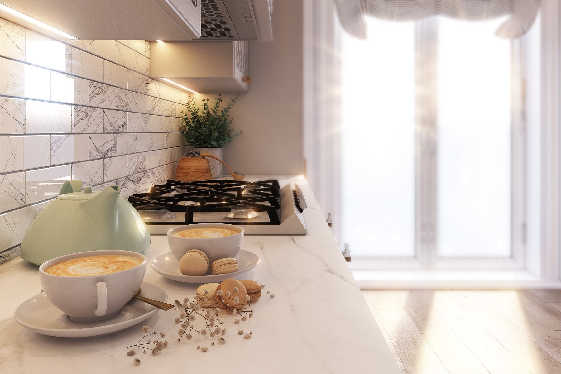 Jasna kuchnia z marmurowym blatem, na którym stoją filiżanki z kawą latte, makaroniki i czajnik w pastelowym odcieniu zieleni, z widokiem na okno w tle.