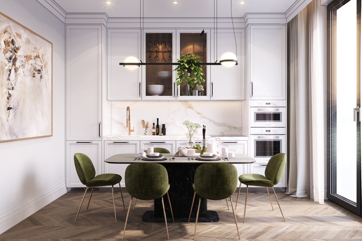 Nowoczesna kuchnia z jadalnią: białe szafki, marmurowy backsplash, stół z blatem w odcieniach szarości otoczony zielonymi krzesłami na złotych nóżkach, podłoga w jodełkę, wisząca lampa z kulistymi...