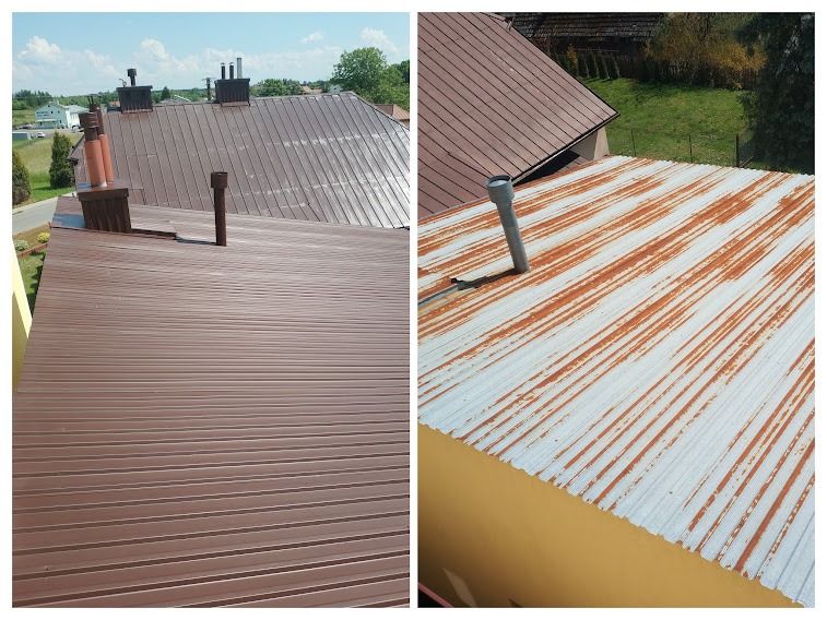 Porównanie stanu dachu z blachy trapezowej przed i po renowacji. Po lewej stronie dach po renowacji w brązowym kolorze, po prawej stronie dach przed renowacją z widoczną rdzą.