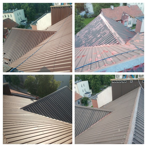 Cztery ujęcia dachu z blachy trapezowej w kolorze brązowym, widoczne budynki w tle, różne kąty i oświetlenie.
