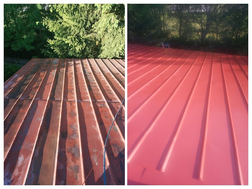 Porównanie dachu z blachy trapezowej przed i po malowaniu w Strzyżowie. Po lewej stronie widoczny brudny, zardzewiały dach, po prawej - świeżo pomalowany na czerwono.