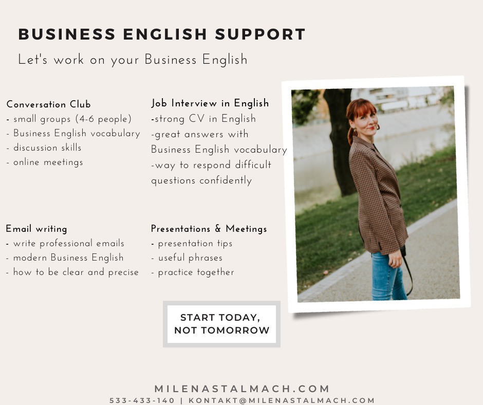 Grafika reklamowa z ofertą nauki Business English, obejmującą konwersacje, przygotowanie do rozmów kwalifikacyjnych, pisanie e-maili i prezentacje, z uśmiechniętą kobietą w brązowej marynarce jako...