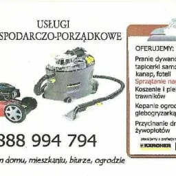 Ulotka reklamowa usług gospodarczo-porządkowych z ilustracjami kosiarki, odkurzacza piorącego i miotły, oferująca pranie dywanów, sprzątanie nagrobków, koszenie trawników i inne usługi.
