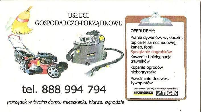 Ulotka reklamowa usług gospodarczo-porządkowych z ilustracjami kosiarki, odkurzacza piorącego i miotły, oferująca pranie dywanów, sprzątanie nagrobków, koszenie trawników i inne usługi.