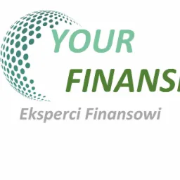 Logo firmy 'Your Finanse' z zielonym napisem i graficznym elementem kuli złożonej z kropek, podpisane 'Eksperci Finansowi'.