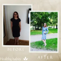 Kobieta w okularach, prezentująca metamorfozę sylwetki: po lewej stronie zdjęcie w czarnej sukience na tle ściany z telewizorem, po prawej stronie zdjęcie w błękitnej sukience w plenerze, na tle...