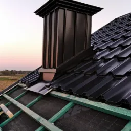 Nowy, czarny komin z blachy na dachu z czarnej blachodachówki, widoczne łatowanie i membrana dachowa, w tle zachodzące słońce.