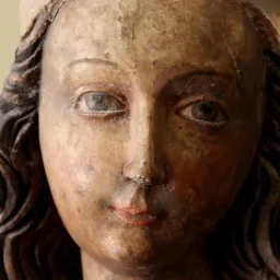 Drewniana rzeźba przedstawiająca twarz kobiety z koroną, widoczne ślady patyny i pęknięcia na powierzchni.