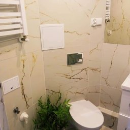 Firma ogólnobudowlana Dol-Bud - Nowoczesna łazienka z płytkami imitującymi marmur, wiszącą toaletą i grzejnikiem drabinkowym, ożywiona zieloną rośliną w doniczce.