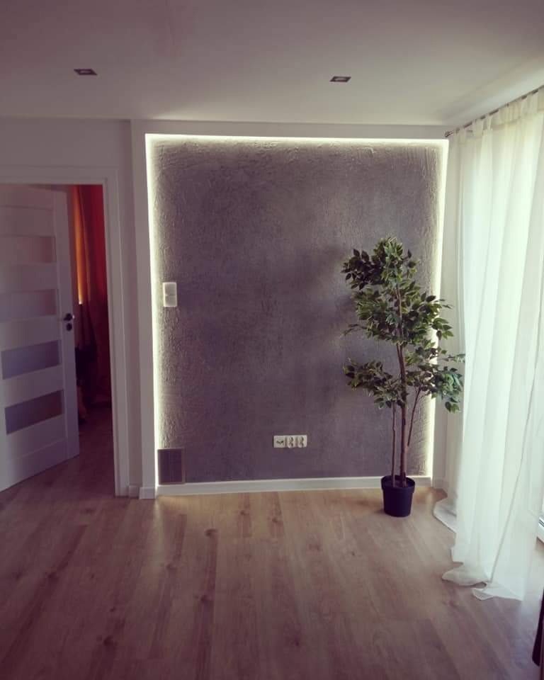 Minimalistyczne wnętrze z dekoracyjną ścianą podświetloną LED, drewnianą podłogą i rośliną w doniczce, widok na otwarte drzwi z pomalowaną ścianą w tle.