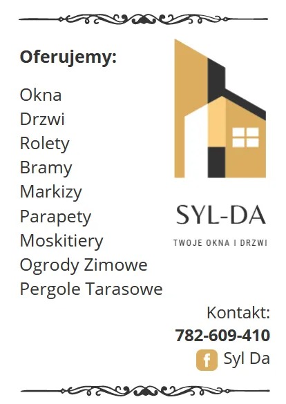 Logo firmy SYL-DA z abstrakcyjnym symbolem domu w odcieniach beżu i czerni, oferującej okna, drzwi, rolety i inne elementy wyposażenia domu, numer telefonu i ikona Facebook.