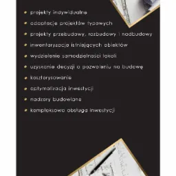 Grafika prezentująca zakres usług projektowych i budowlanych z listą wypunktowaną, obejmującą projekty indywidualne, adaptacje, przebudowy, inwentaryzacje, wydzielenia lokali, uzyskanie pozwoleń...