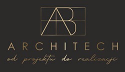 Złote logo firmy ARCHITECH z Luzina na ciemnym tle, z hasłem 'od projektu do realizacji' i inicjałami AB wpisanymi w geometryczny wzór.