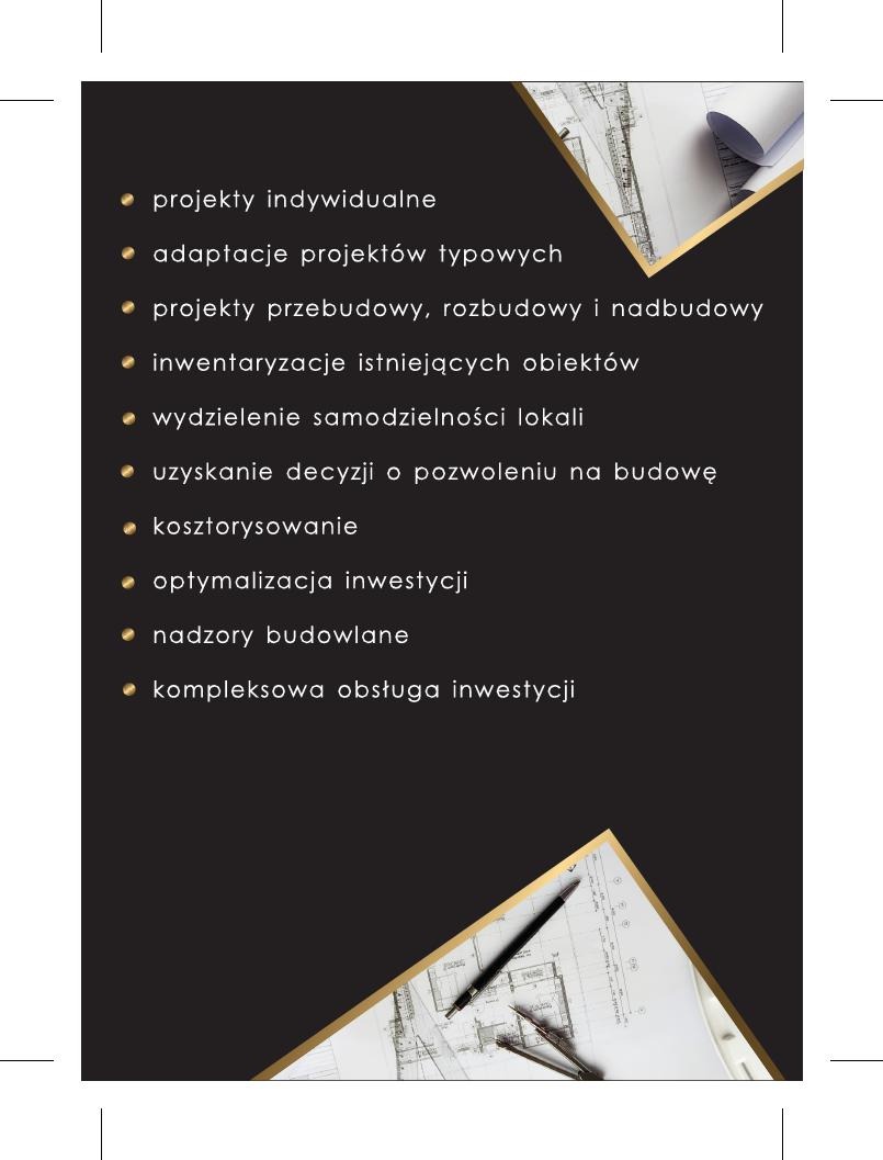 Grafika prezentująca zakres usług projektowych i budowlanych z listą wypunktowaną, obejmującą projekty indywidualne, adaptacje, przebudowy, inwentaryzacje, wydzielenia lokali, uzyskanie pozwoleń...