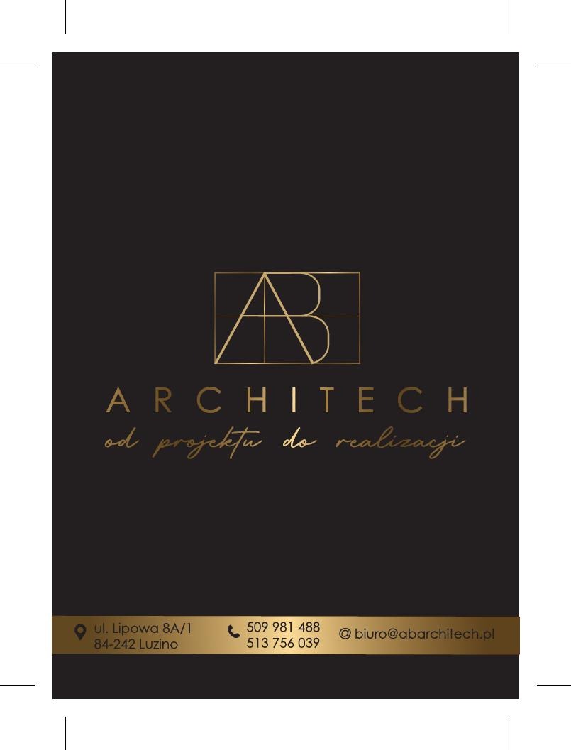 Eleganckie logo firmy architektonicznej Architech na czarnym tle, ze złotym geometrycznym symbolem AB i danymi kontaktowymi: adres, numery telefonów, adres e-mail.