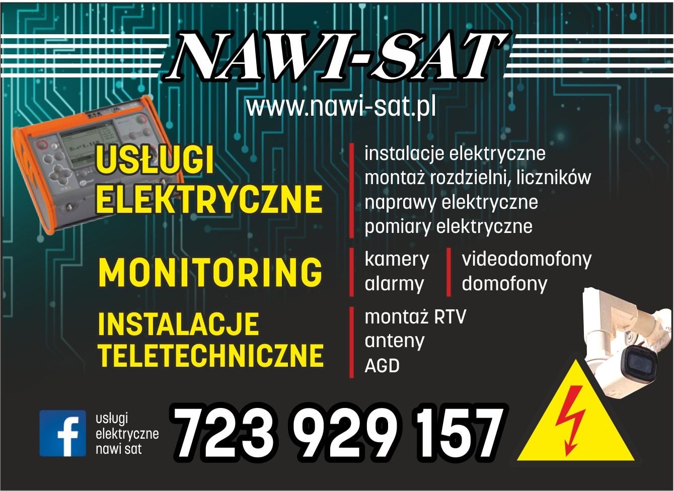 Usługi elektryczne, monitoring, instalacje teletechniczne - baner reklamowy firmy NAWI-SAT z numerem telefonu i adresem strony internetowej. Widoczny miernik elektryczny i kamera.