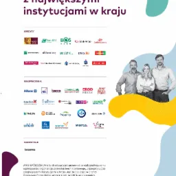 Grafika reklamowa firmy ANG Spółdzielnia prezentująca współpracę z licznymi bankami i firmami ubezpieczeniowymi, z wizerunkami trzech osób na jasnym tle.