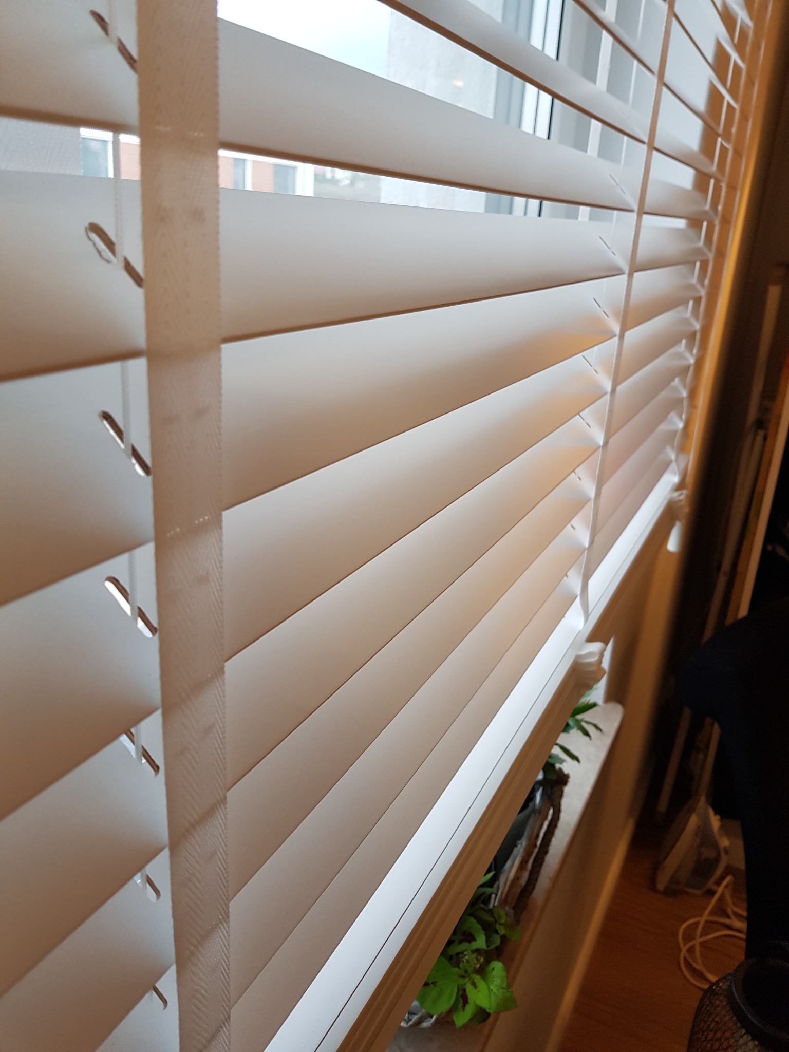 Poziome, białe żaluzje aluminiowe częściowo zasłonięte, widok z bliska, z widocznym mechanizmem sznurkowym i roślinami doniczkowymi na parapecie okiennym.