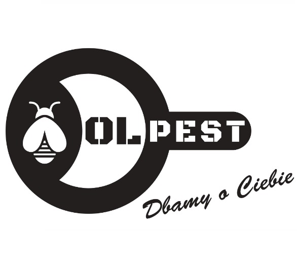 Logo firmy OLPEST z sylwetką pszczoły w okręgu i hasłem 'Dbamy o Ciebie'.