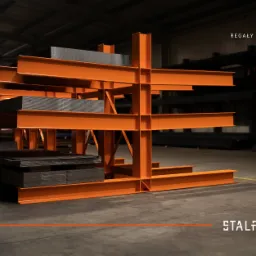 Pomarańczowy regał magazynowy z ułożonymi płaskimi elementami metalowymi w hali produkcyjnej, widoczne logo producenta.