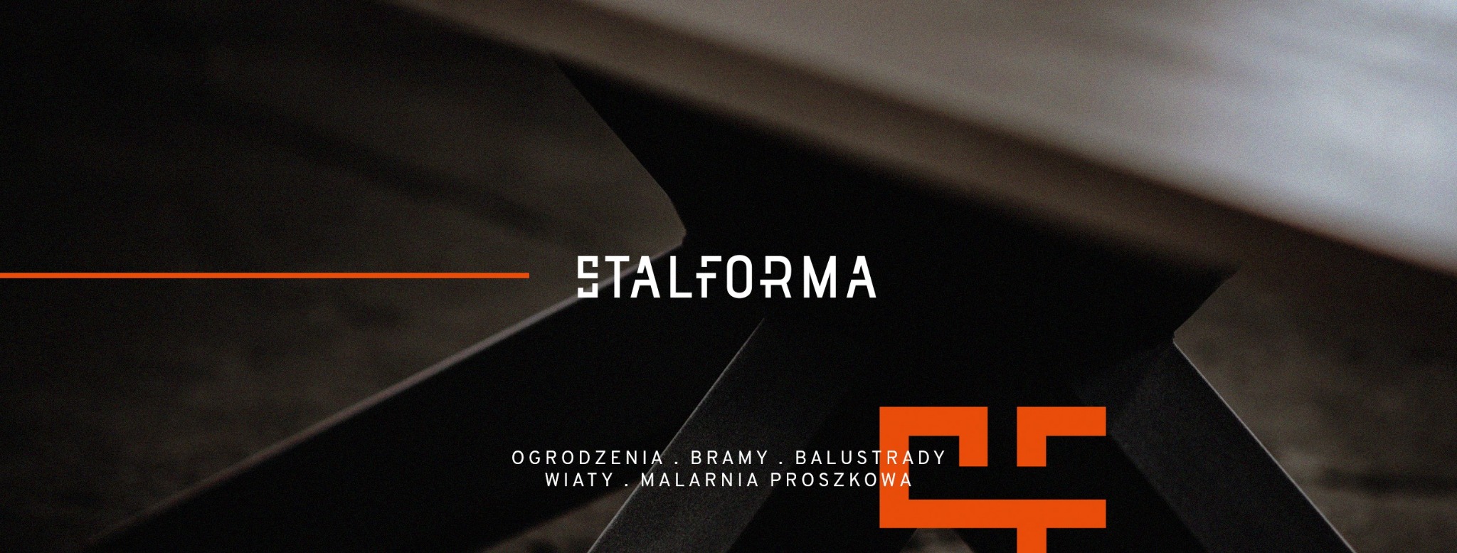 Zdjęcie prezentuje logo firmy STALFORMA, specjalizującej się w ogrodzeniach, bramach, balustradach, wiatach oraz malowaniu proszkowym, wykonane w minimalistycznym stylu z użyciem ciemnej...