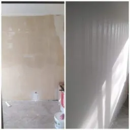 Porównanie ściany przed i po nałożeniu gładzi: surowa ściana z widocznymi nierównościami i gładka, biała ściana po wygładzeniu, z widocznym padającym światłem.