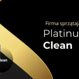 Eleganckie logo firmy sprzątającej Platinum Clean na czarnym tle z dekoracyjną złotą wstęgą.