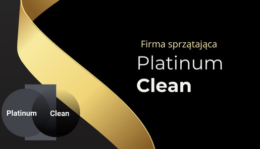 Eleganckie logo firmy sprzątającej Platinum Clean na czarnym tle z dekoracyjną złotą wstęgą.