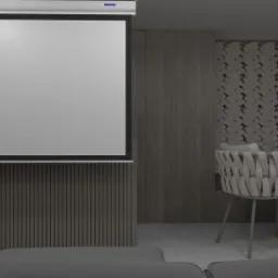 Nowoczesne biuro z ekranem projekcyjnym, krzesłami z plecionki i ścianą z trójwymiarowych paneli w kształcie warkocza.