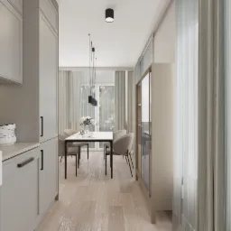 Nowoczesna kuchnia z jadalnią w odcieniach szarości, minimalistyczne lampy wiszące nad stołem, jasne drewniane podłogi i zasłony w oknie.