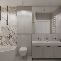 Elegancka łazienka z marmurową ścianą, wanną i minimalistyczną umywalką z szafkami w odcieniach szarości, wyposażona w białą ceramikę i czarne akcenty.