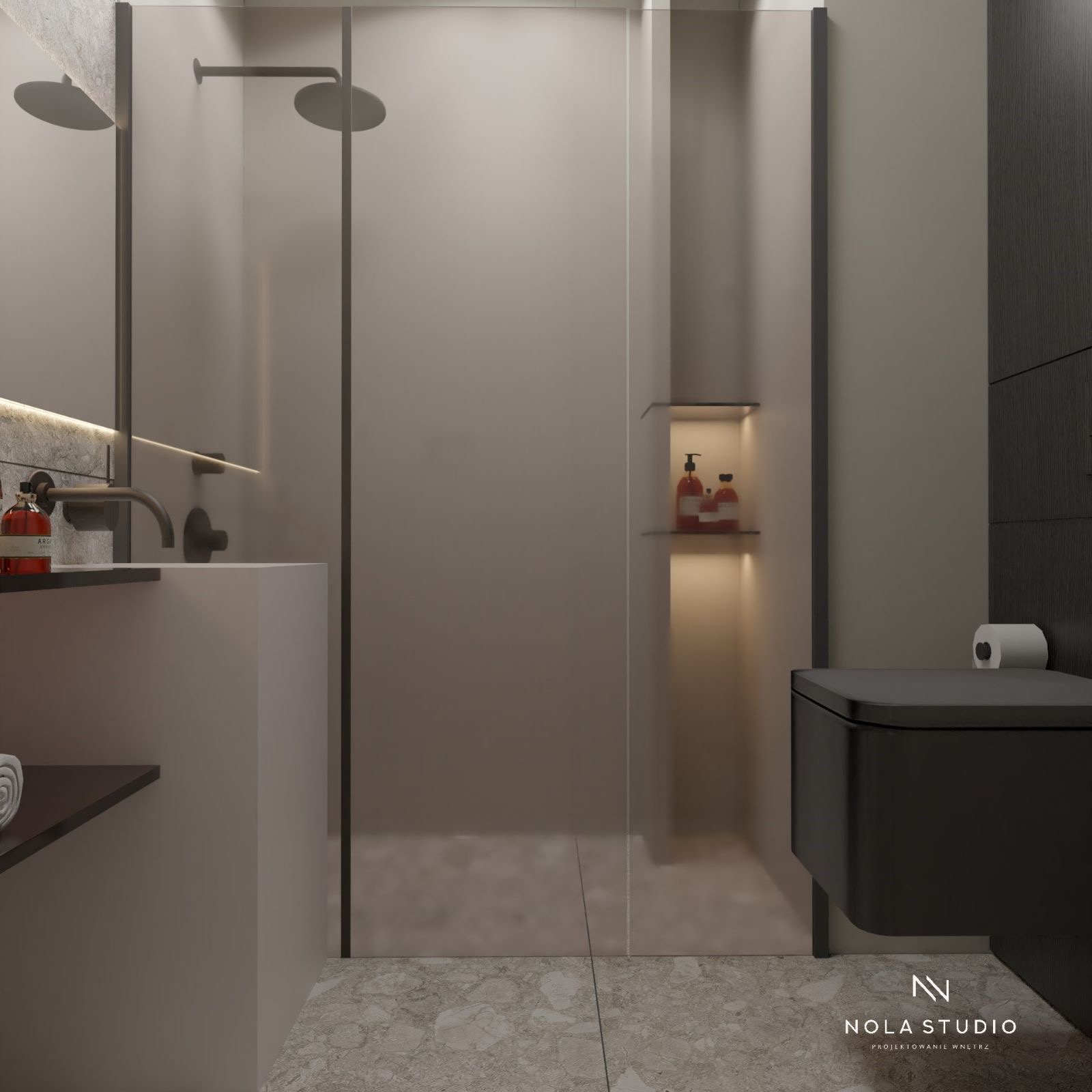 Nowoczesna łazienka z kabiną prysznicową typu walk-in, umywalką z ciemną armaturą, półkami z kosmetykami i podwieszaną toaletą w kolorze grafitowym.